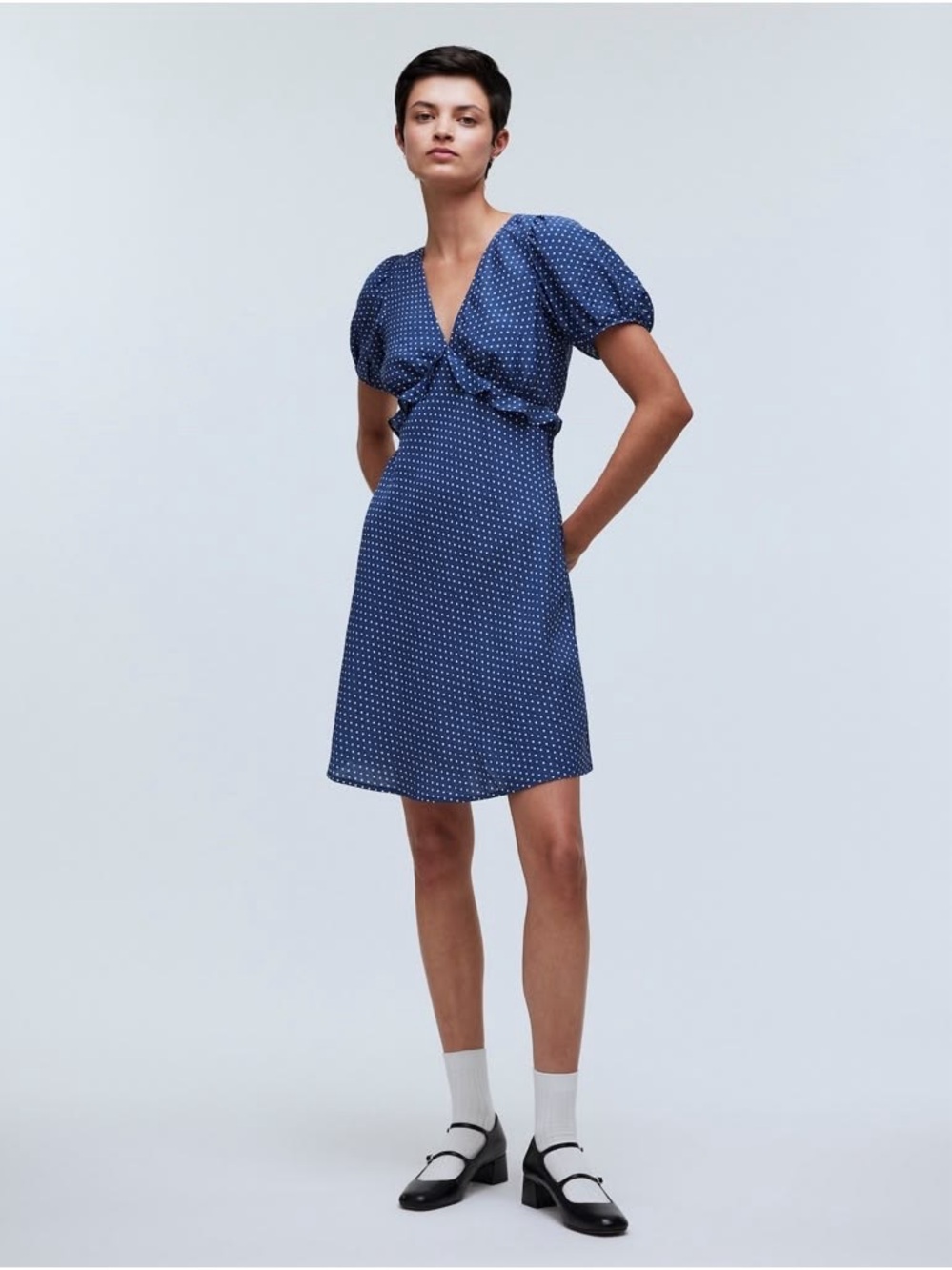 Madewell Navy Blue Polka Dot V‑Neck Puff Sleeve Dress size 8